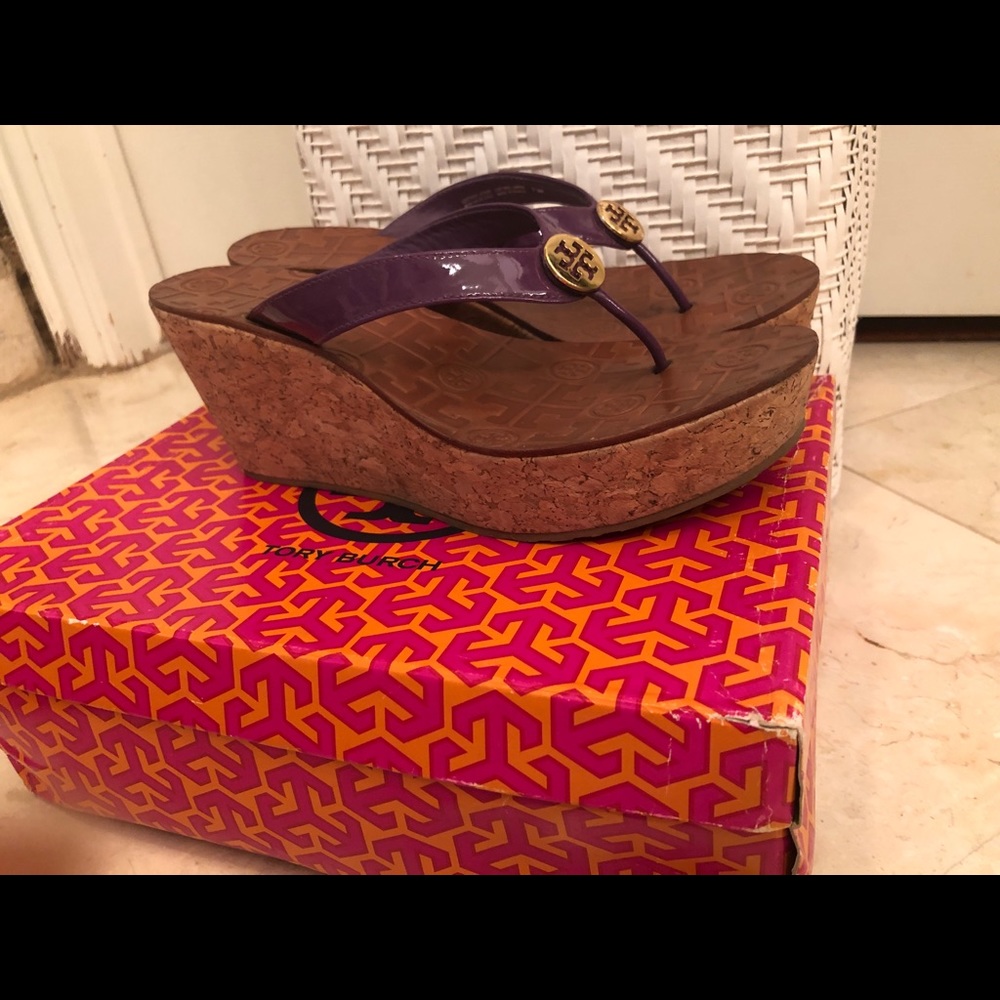 Tory  Burch  Purple Leather Cork Platform Sandal.